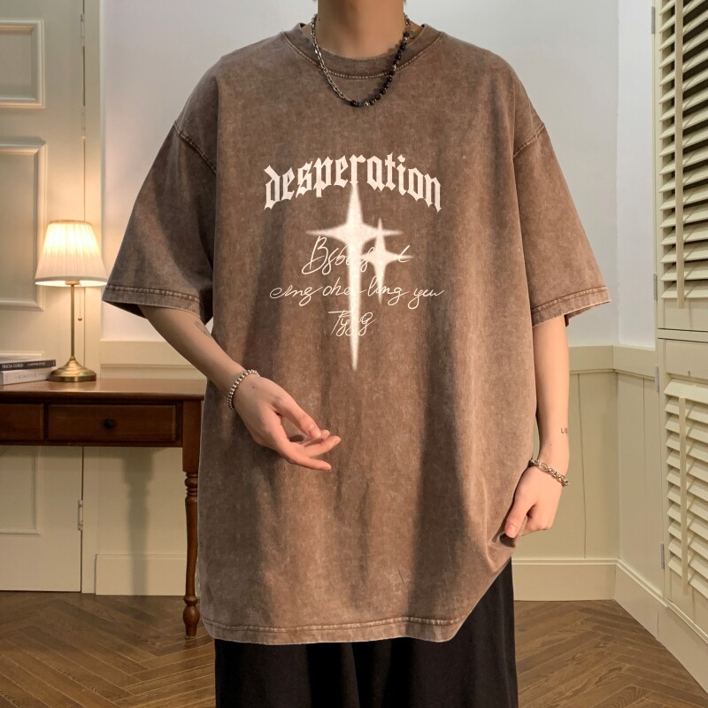TF6381P38夏水洗蜡染T恤做旧落肩款宽松棉T男士复古美欧T恤,男装T恤,星座510A-6