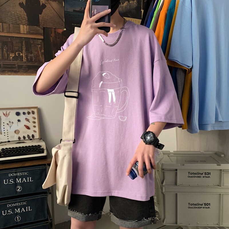 T3349港风落肩纯棉男T2022男士宽松T恤短袖T恤春夏新款加大男T图片