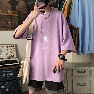 T3349港风落肩纯棉男T2022男士宽松T恤短袖T恤春夏新款加大男T图片