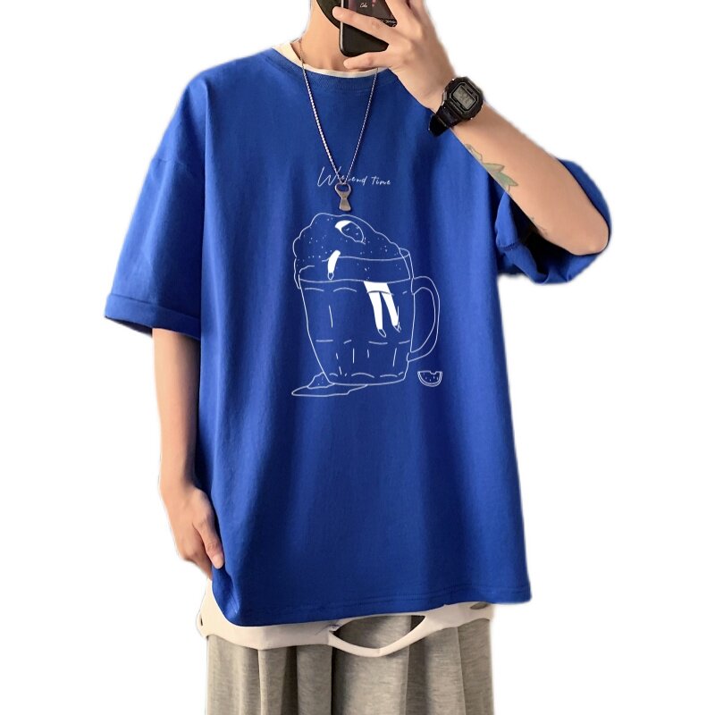 T3349P25春夏新款2022男士宽松T恤港风落肩纯棉男T短袖T恤加大男T,男装T恤,星座510A-6