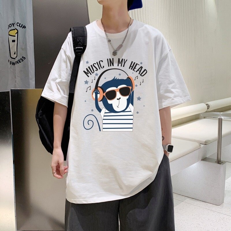 T3906P28字母卡通印花T恤新2022男宽松圆领T恤港风落肩纯棉T短袖,男装T恤,星座510A-6