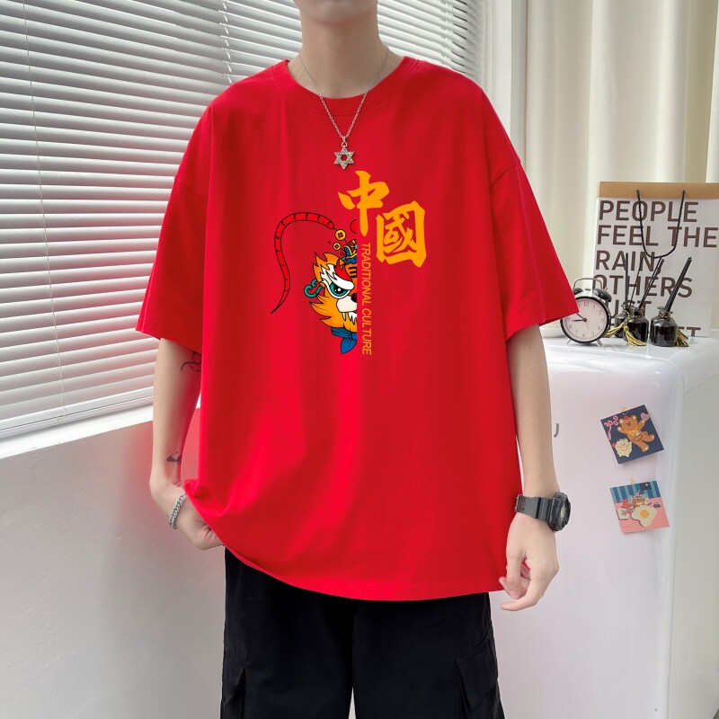 T3255P25春夏新款2022男士宽松T恤港风落肩纯棉男T短袖T恤加大男T图片