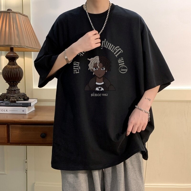 T6239P25夏2023落肩款宽松棉T男士T恤港风印花纯棉短T克兰,男装T恤,星座510A-6