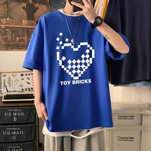 T3347P25春夏新款2022男士宽松T恤港风落肩纯棉男T短袖T恤加大男T图片
