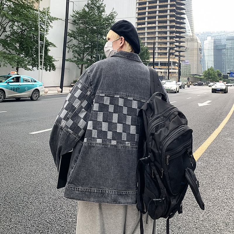 JK5410P75牛仔外套男宽松2023春秋新款设计感小众棋盘格夹克男装,男装夹克,星座510A-6