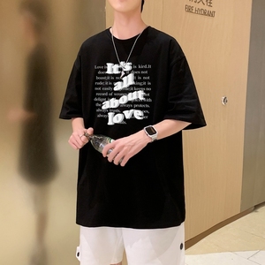 T3486P25英文男宽松T恤港风落肩纯棉男T短袖潮趣印花T恤春夏图片