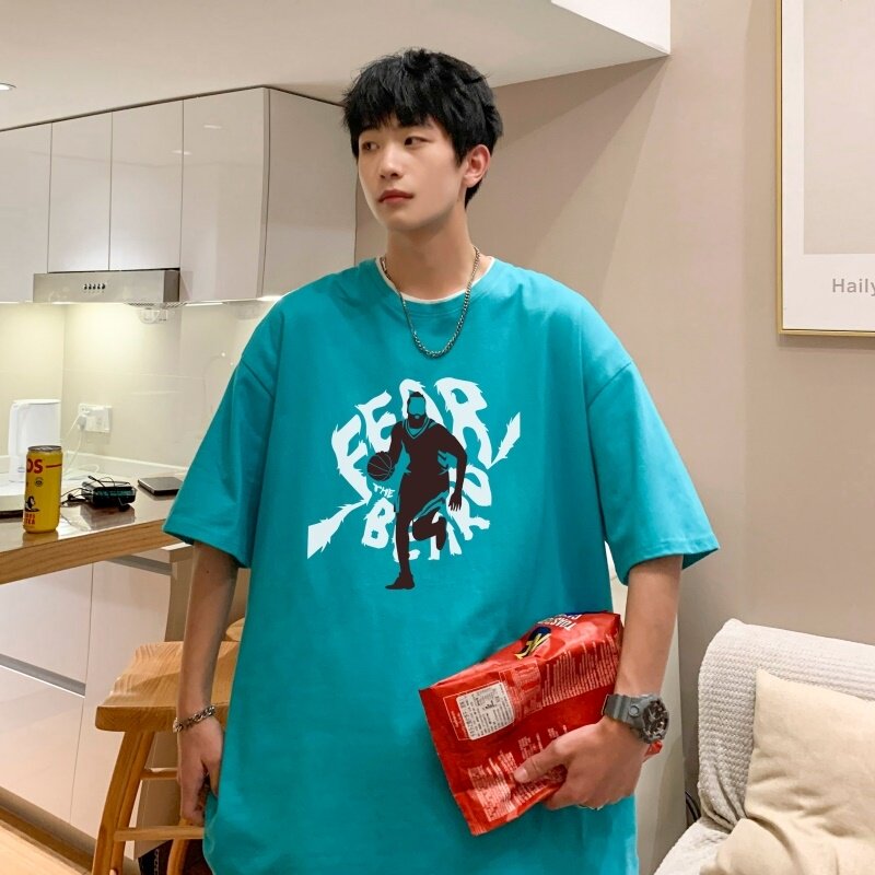 T3758P25落肩纯棉T短袖字母卡通印花T恤新2022男宽松圆领T恤港风,男装T恤,星座510A-6