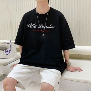 T3342P25潮趣印花T恤春夏新款2022男宽松T恤港风落肩纯棉男T短袖图片