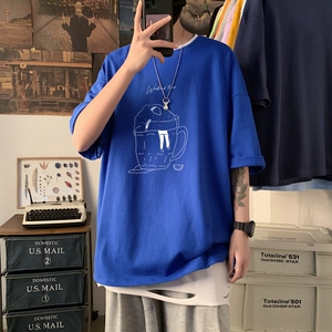 T3349春夏新款加大男T短袖T恤港风落肩纯棉男T2022男士宽松T恤图片