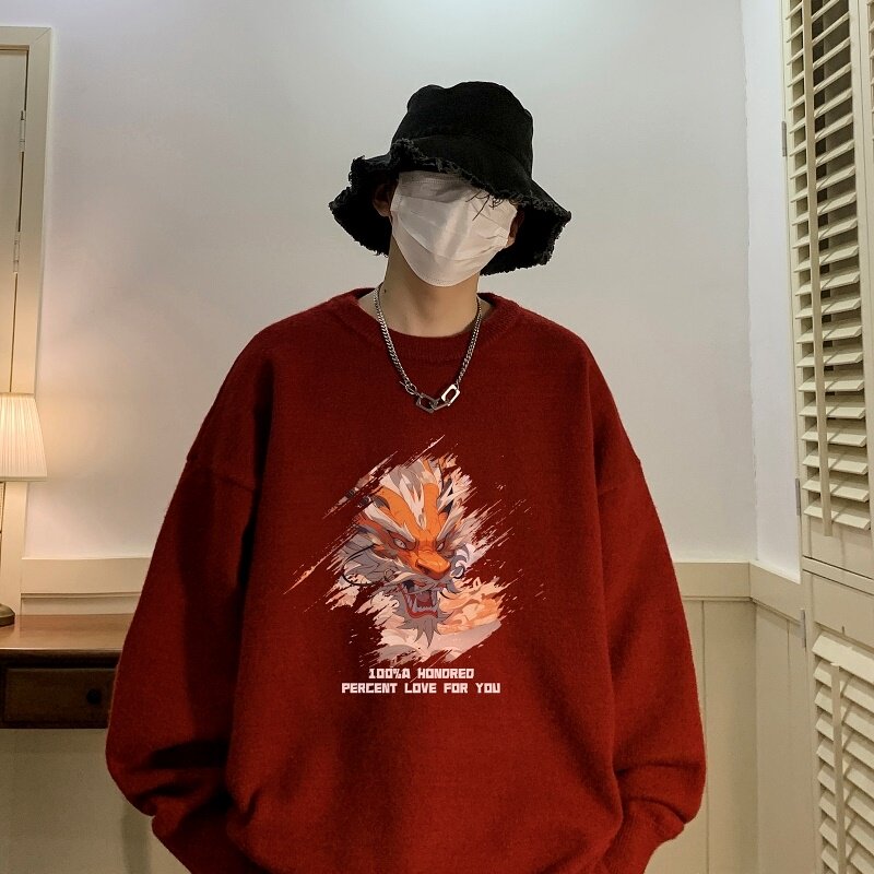 MD7363P45男生秋冬宽松毛衣外套男士潮流休闲针织衫圆领毛衣上衣图片