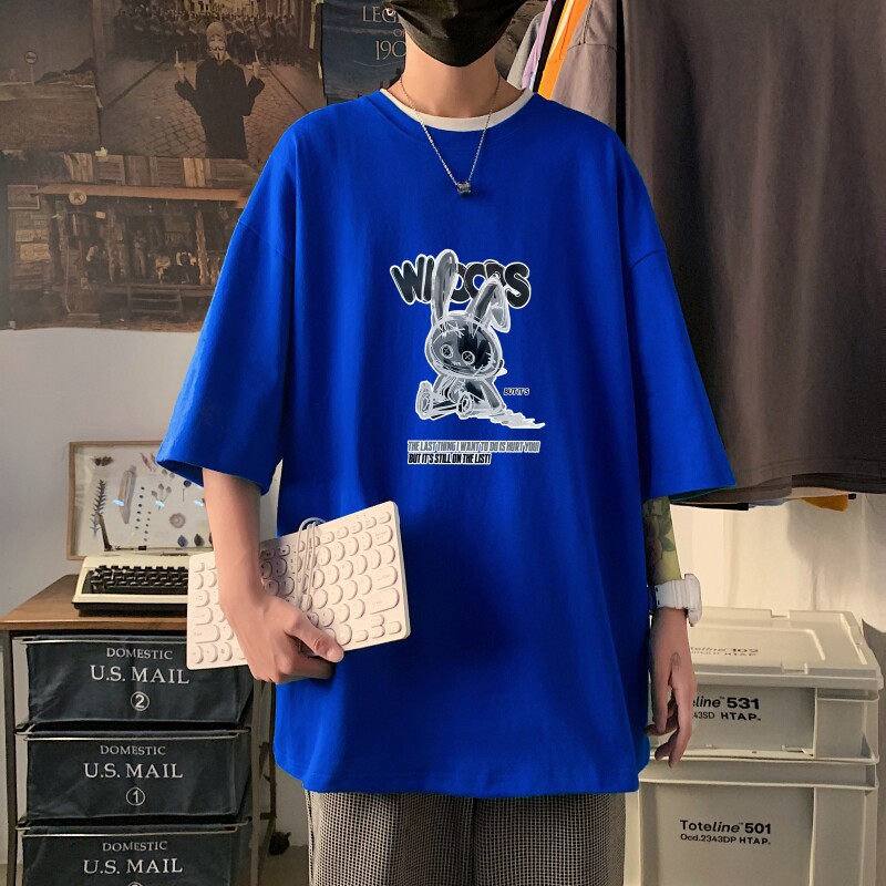 T3426P25春夏新款2022男宽松T恤港风落肩纯棉男T短袖潮趣印花T恤图片
