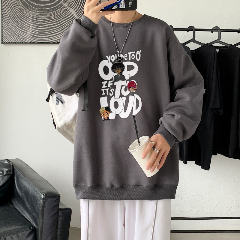 Y6168P40大落肩宽松圆领卫衣2023春秋新款50棉高货港风卫衣深灰，男装卫衣，星座510A-6