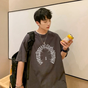 T3762P25港风落肩纯棉T短袖字母卡通印花T恤新2022男宽松圆领T恤图片