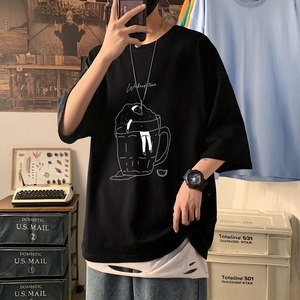 T3349加大男T港风落肩纯棉男T2022男士宽松T恤短袖T恤春夏新款图片