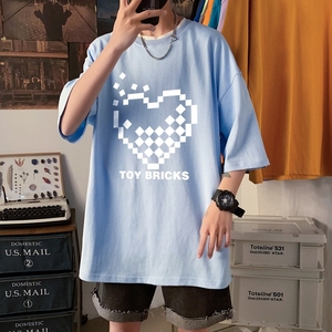 T3347短袖T恤加大男T春夏新款2022男士宽松T恤港风落肩纯棉男T图片