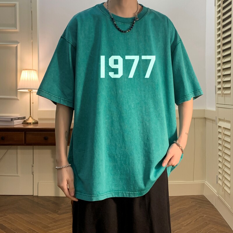 TF6377P38夏水洗蜡染T恤做旧落肩款宽松棉T男士复古美欧T恤,男装T恤,星座510A-6