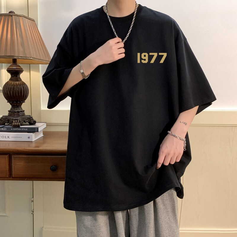 T6545P25 夏2023落肩款宽松棉T男士T恤港风印花纯棉短T图片