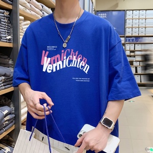 T3351春夏新款2022男宽松T恤港风落肩纯棉男T短袖潮趣印花T恤图片