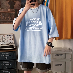 T3350春夏新款港风落肩纯棉男T短袖仓库正常配送2022男宽松T恤图片