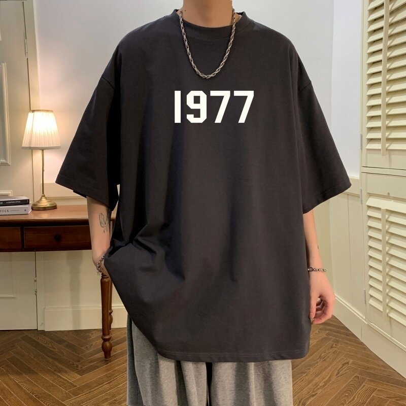 T6238P25夏2023落肩款宽松棉T男士T恤港风印花纯棉短T咖啡,男装T恤,星座510A-6