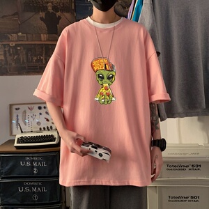 T3425P25宽松T恤港风落肩纯棉男T短袖潮趣印花T恤春夏新款2022男图片