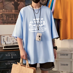 T3350P25春夏新款2022男宽松T恤港风落肩纯棉男T短袖仓库正常配送图片
