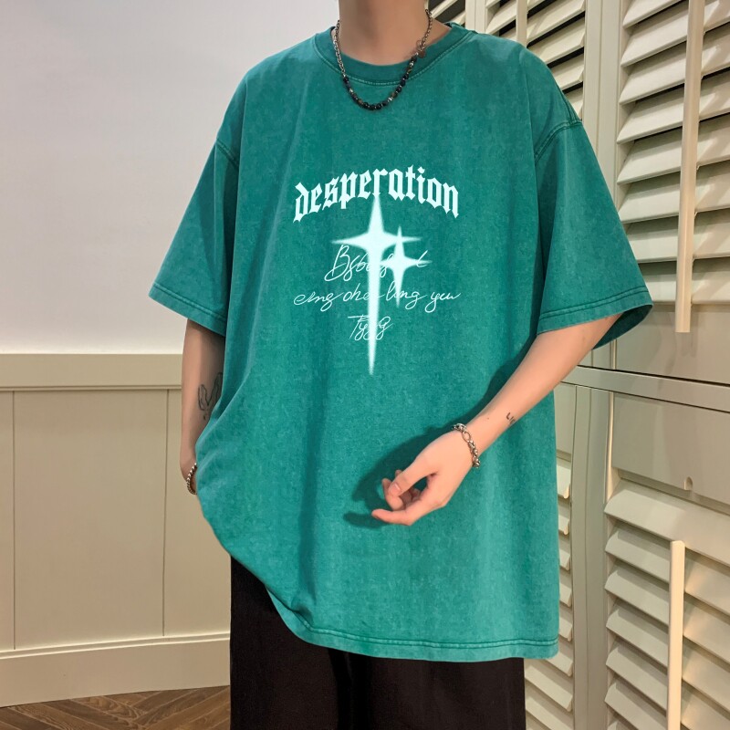 TF6381P38夏水洗蜡染T恤做旧落肩款宽松棉T男士复古美欧T恤,男装T恤,星座510A-6
