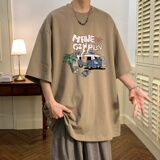 T6237P25潮爆夏2023落肩款宽松棉T男士T恤港风印花纯棉短T深灰，男装T恤，星座510A-6