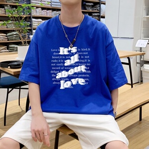 T3486P25英文男宽松T恤港风落肩纯棉男T短袖潮趣印花T恤春夏图片