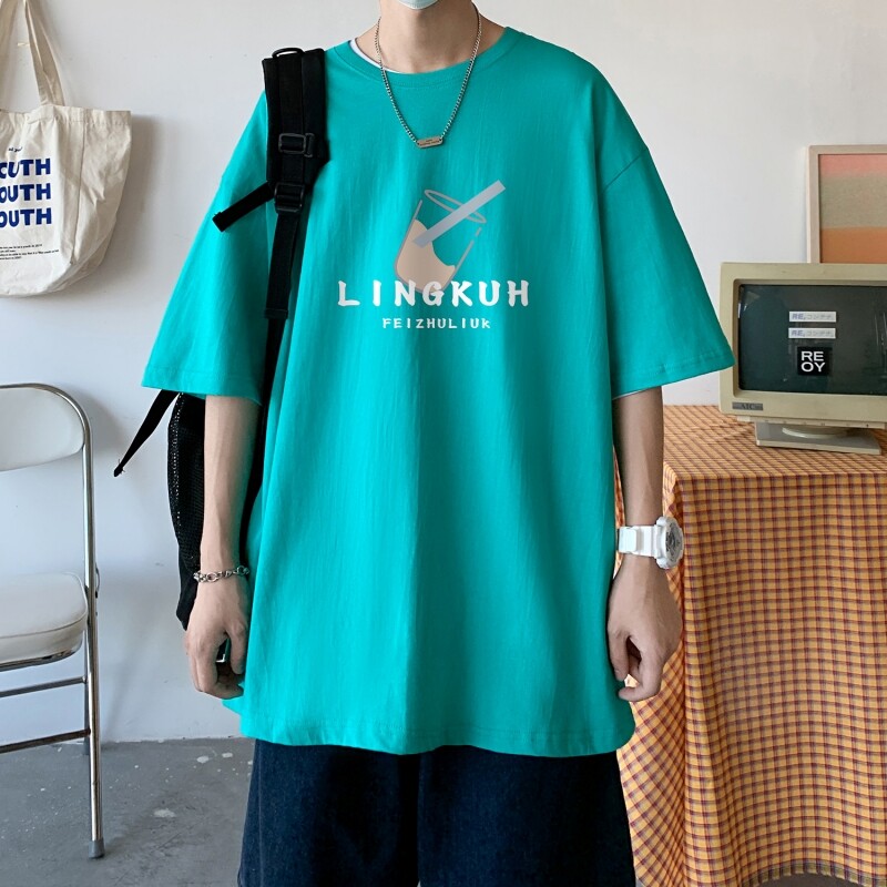 T3252春夏新款短袖T恤加大男T2022男士宽松T恤港风落肩纯棉男T图片