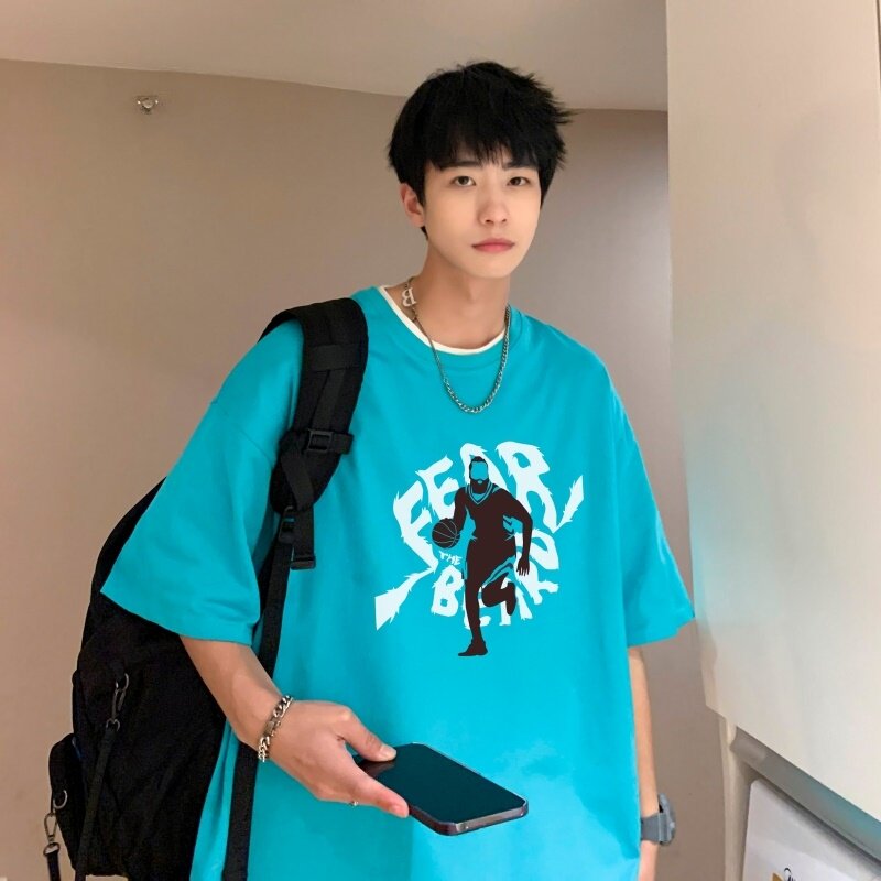 T3758P25港风落肩纯棉T短袖字母卡通印花T恤新2022男宽松圆领T恤,男装T恤,星座510A-6