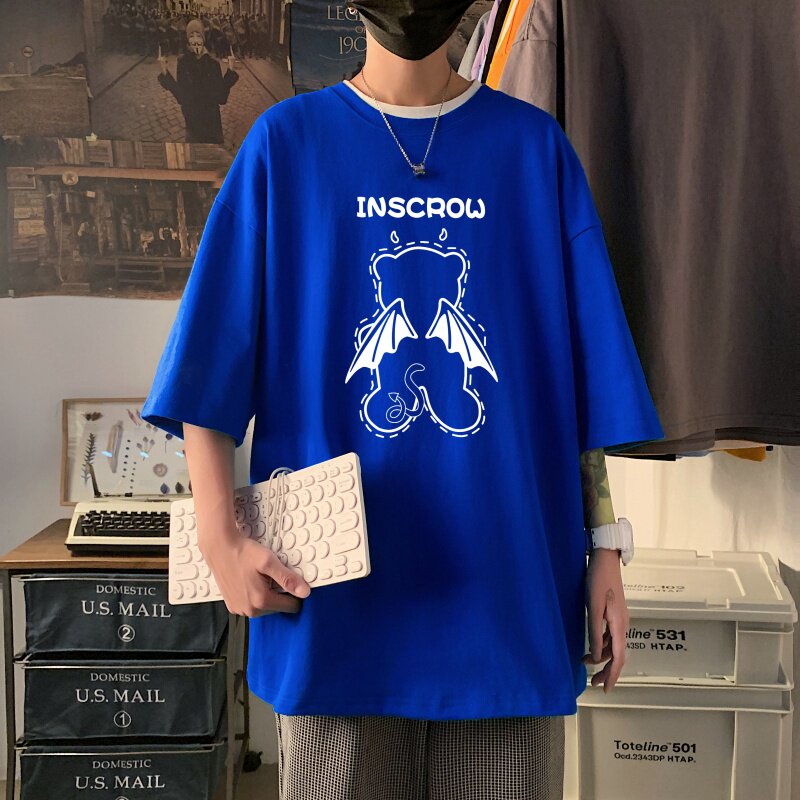 T3460P25春夏新款2022男宽松T恤港风落肩纯棉男T短袖潮趣印花T恤图片
