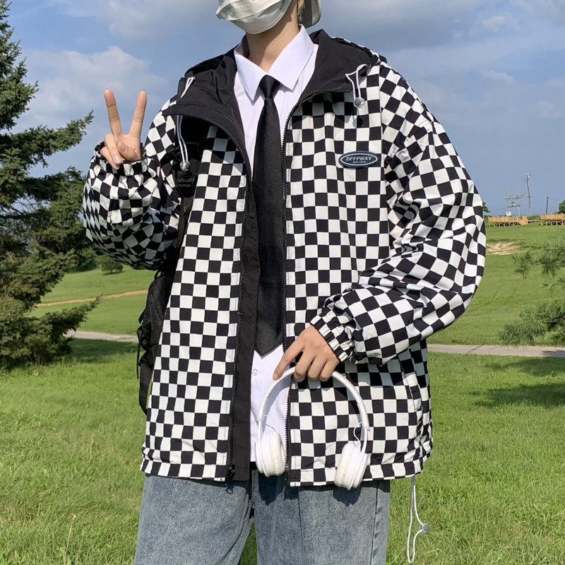 JK5415P75棋盘格双面穿外套男士早秋薄款宽松百搭夹克秋季连帽,男装夹克,星座510A-6