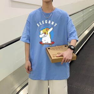 T3480P25新宽松圆领T恤港风落肩纯棉T短袖字母卡通印花T恤2022男图片