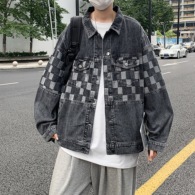 JK5410P75牛仔外套男宽松2023春秋新款设计感小众棋盘格夹克男装,男装夹克,星座510A-6