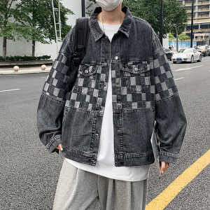 JK5410P75牛仔外套男宽松2023春秋新款设计感小众棋盘格夹克男装图片