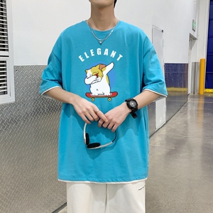 T3480P25新短袖字母卡通印花T恤2022男宽松圆领T恤港风落肩纯棉T图片