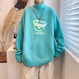 MG2824P65港风新款男生宽松长袖毛衣高领休闲线衣潮流休闲针织衫,朱茵白色穿搭图片