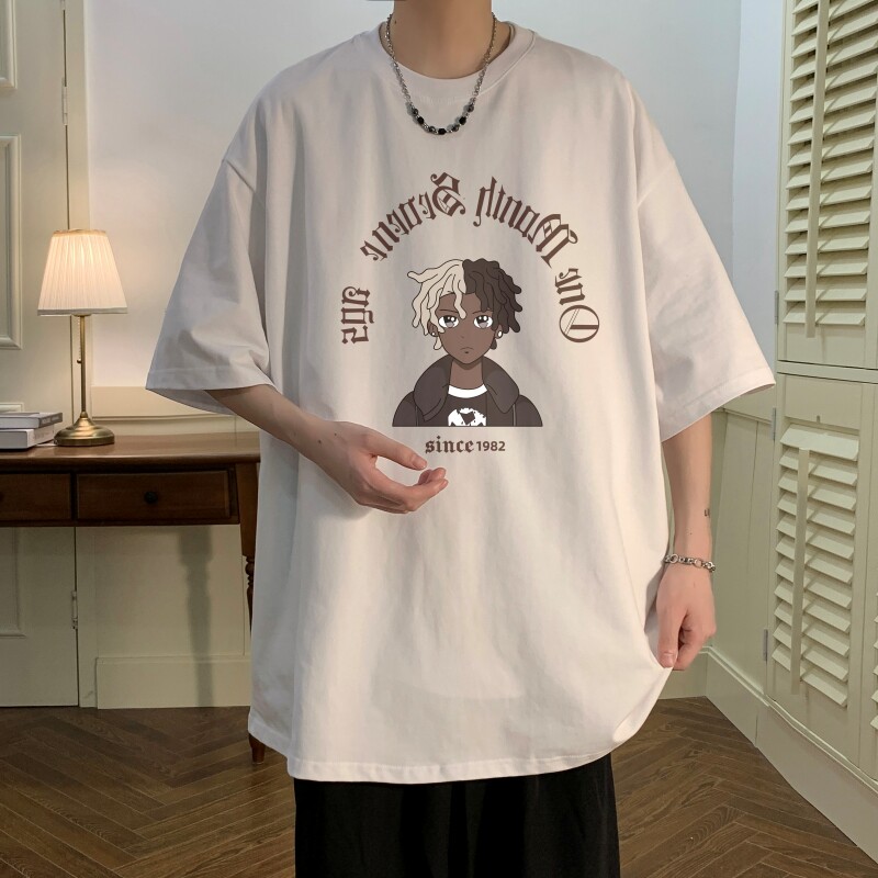 T6239P25夏2023落肩款宽松棉T男士T恤港风印花纯棉短T,男装T恤,星座510A-6