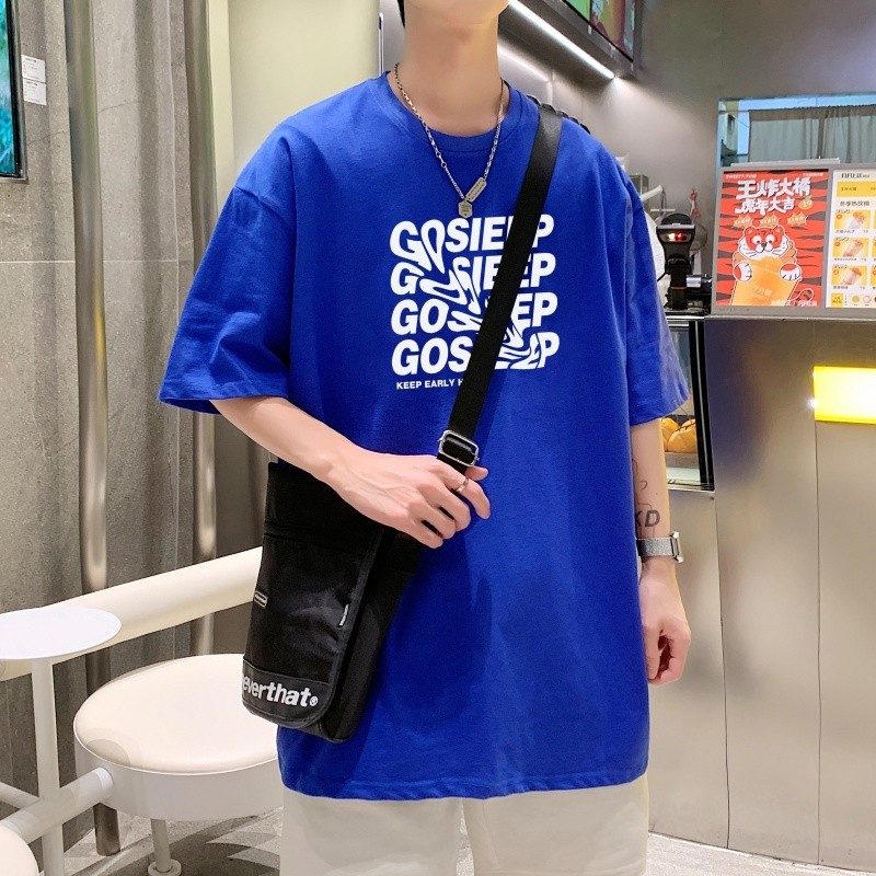 T3341P25新款短袖潮趣印花T恤春夏2022男宽松T恤港风落肩纯棉男T图片