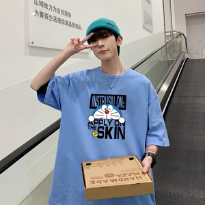 T3485P25春夏新款2022男宽松T恤港风落肩纯棉男T短袖潮趣印花T恤图片