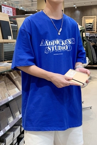 T3484P25春夏新款2022男宽松T恤港风落肩纯棉男T短袖潮趣印花T恤图片