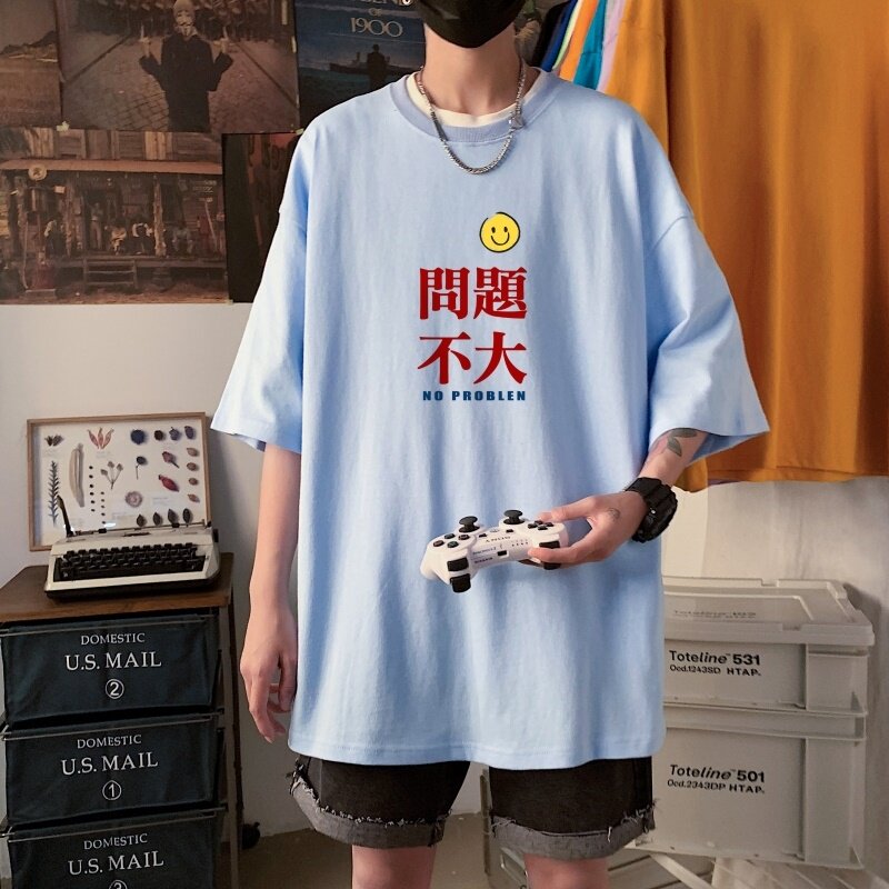 T2283P25春夏新款2022男士宽松T恤短袖T恤加大男T港风落肩纯棉男T,男装T恤,星座510A-6