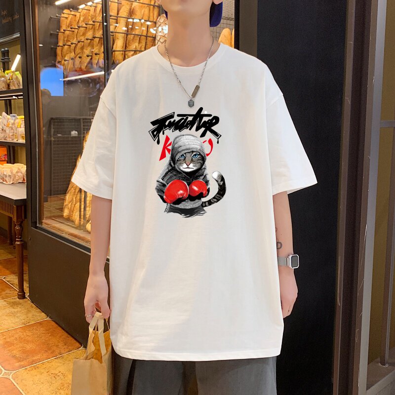 T3478P25新2022男宽松圆领T恤港风落肩纯棉T短袖字母卡通印花T恤图片