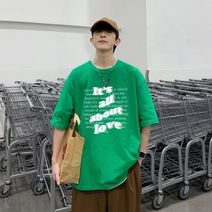 T3486P25港风落肩纯棉男T短袖潮趣印花T恤春夏英文男宽松T恤图片