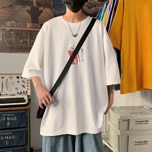 T3461P25纯棉男T短袖潮趣印花T恤春夏新款2022男宽松T恤港风落肩图片