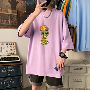 T3425P25宽松T恤港风落肩纯棉男T短袖潮趣印花T恤春夏新款2022男图片