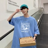 T3477P25宽松圆领T恤港风落肩纯棉T短袖字母卡通印花T恤新2022男，男装T恤，星座510A-6