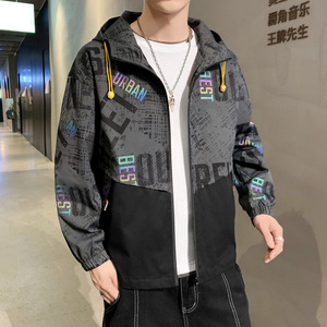 JK5218P100港风宽松夹克流行长袖外套流行男装休闲印花连帽夹克图片