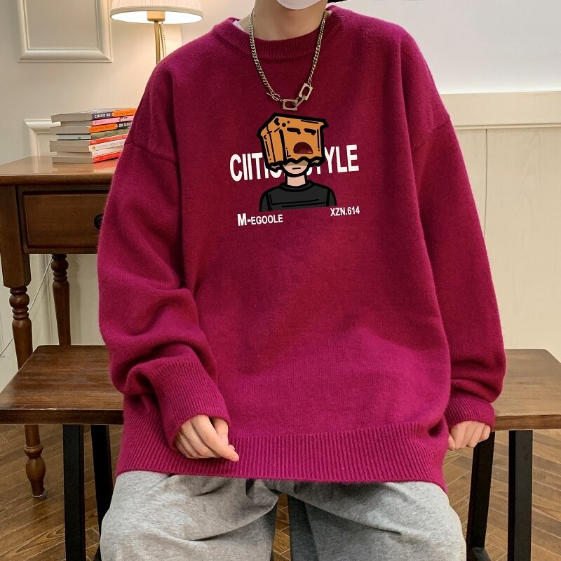 MD7364P45男生秋冬宽松毛衣外套男士潮流休闲针织衫圆领毛衣上衣图片